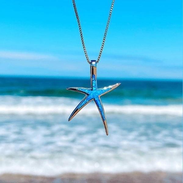 Blue Opal and Silver Starfish Necklace 1