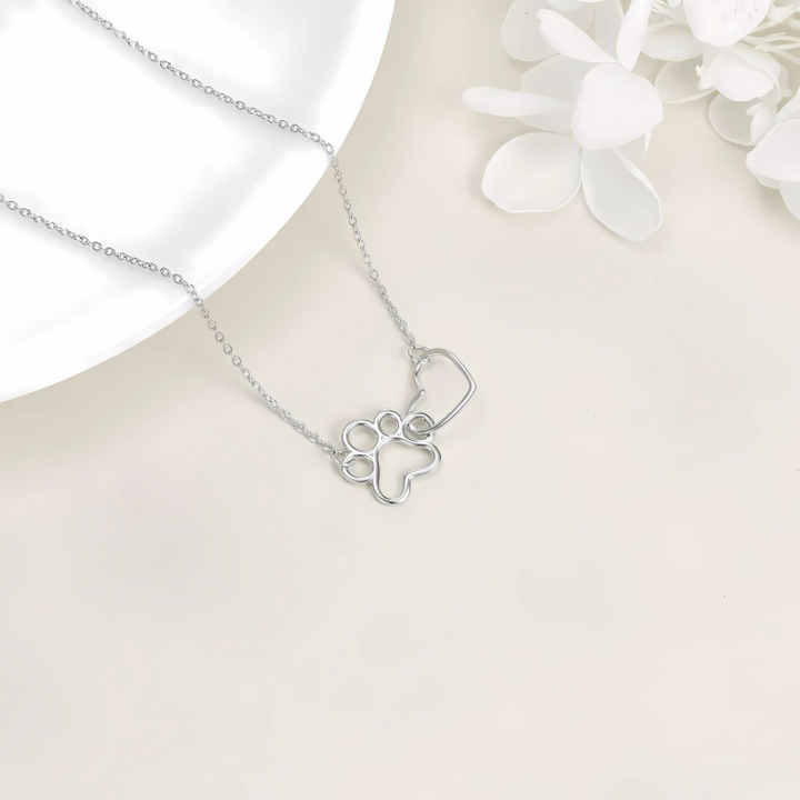 Siarah - Silver paw necklace with heart-shaped crystal pendant