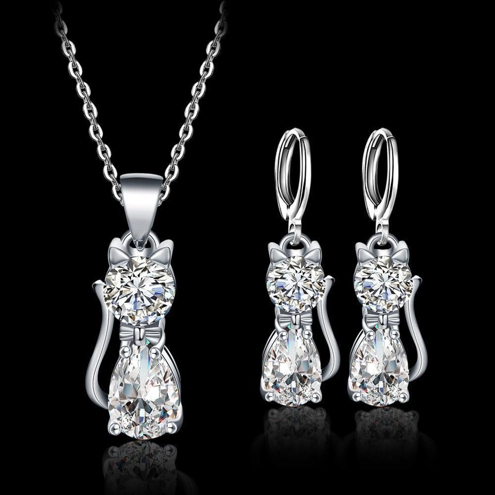Set Necklace + Earrings Happy Cats in Sterling Silver and Polished White Zirconium 1