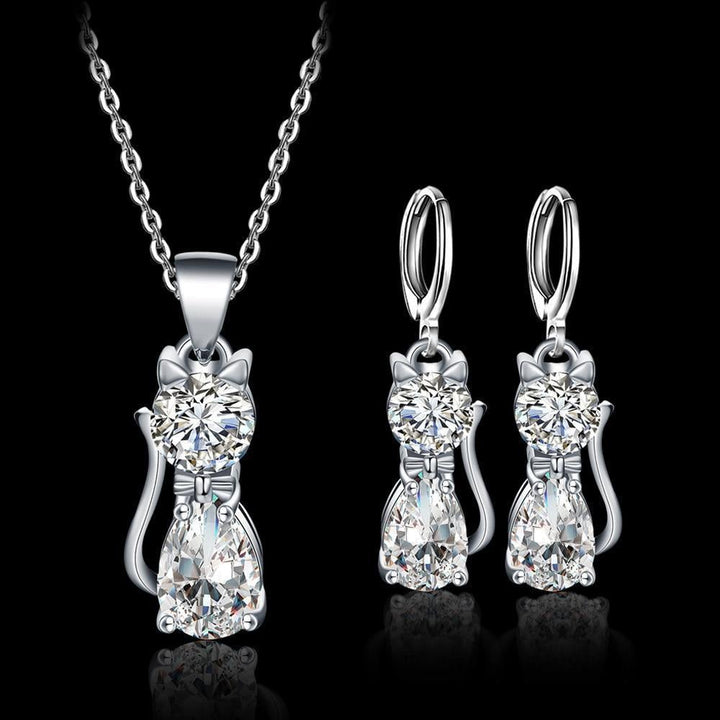 Set Necklace + Earrings Happy Cats in Sterling Silver and Polished White Zirconium 1